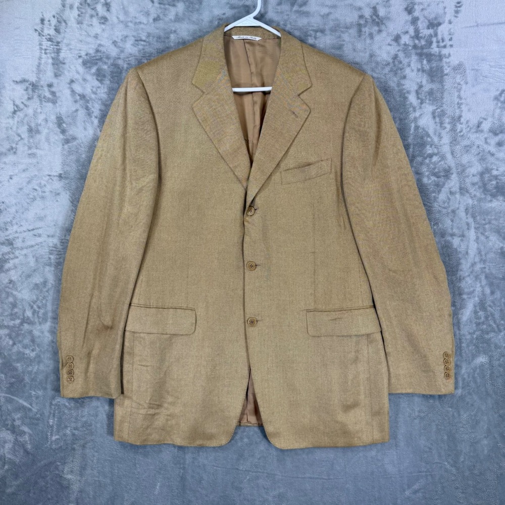 Canali Mens 3 Button Blazer Sport Coat Size 52 L Tan Bamboo Rayon Saks Fifth Ave